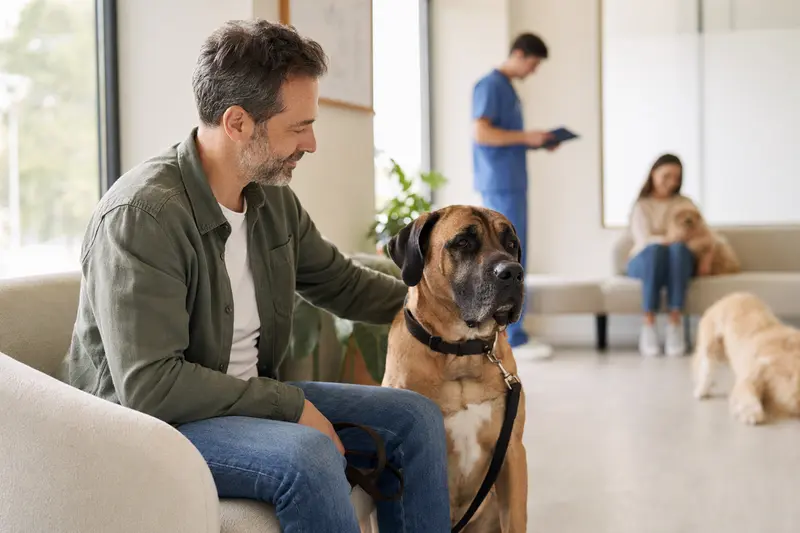 Eine Mallorca-Dogge sitzt ruhig neben ihrem Besitzer im hellen Wartezimmer einer modernen Tierarztpraxis.